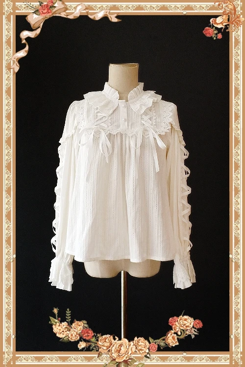 * Warm Milk Tea * Sweet Women's Ruffled Blouse Long Sleeve Jacquard Striped Blouse By Infanta