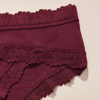 Cotton Lace Trim Women's Trousers, Mid Waist Comfortable Elastic Panties, Summer Breathable Sweat Absorbent Women's Trousers 5