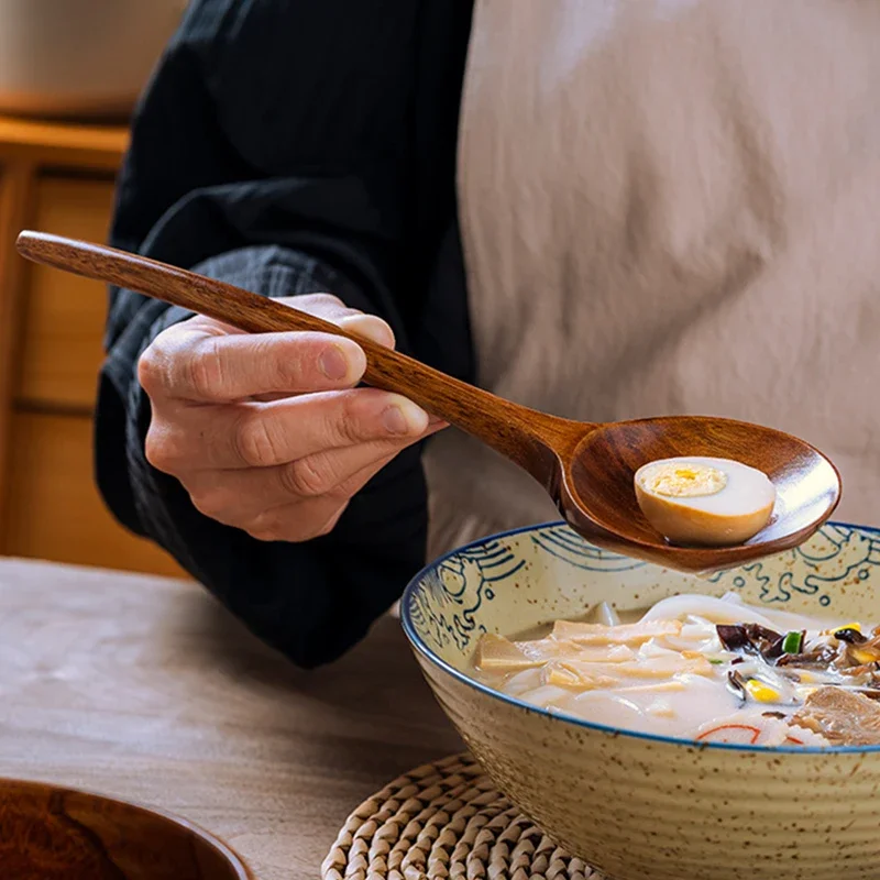 1Pc Big Wooden Spoon Long Handle Soup Spoon Wood Japanese Ramen Noodle Soup Ladle Kitchen Cooking Mixing Serving Tableware
