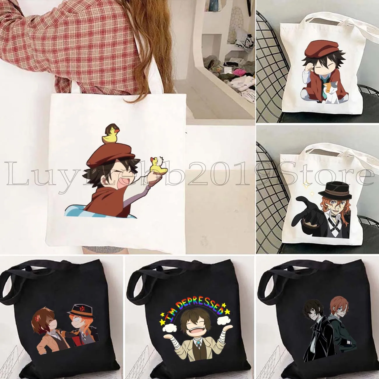 Japan Anime Bungou Stray Dogs Canvas Shoulder Tote Bag Chuuya Nakahara Osamu Dazai Cute Handbags Casual Shopping Girls Handbag