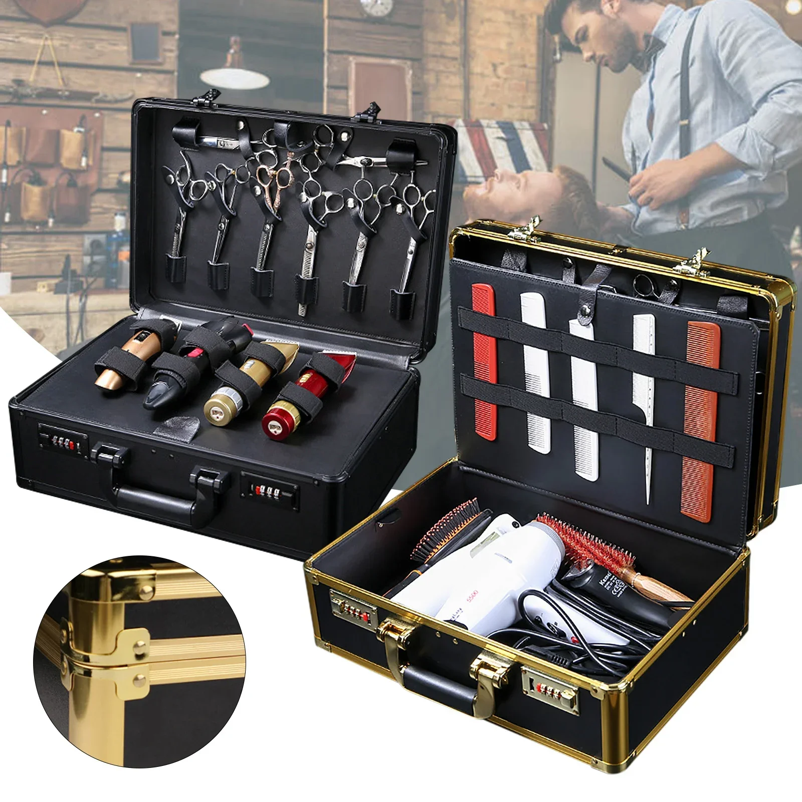 Professioneller Friseurkoffer, tragbarer mobiler großer Make-up-Koffer mit Codeschloss, Organizer-Box für Haarschneidewerkzeuge für Friseure – Detail 4