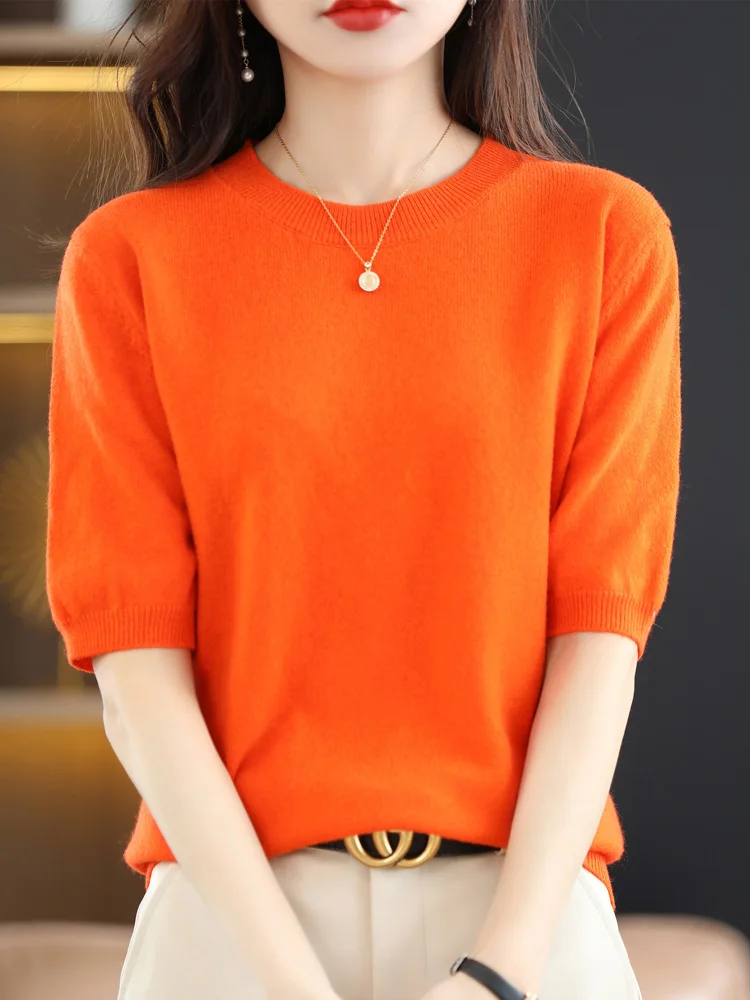 Short Sleeves Women's Sweater O-neck Bottoming Shirts Solid Spring Summer Korean Fashion Sweater Knit Top Casual Basic Pullovers 4