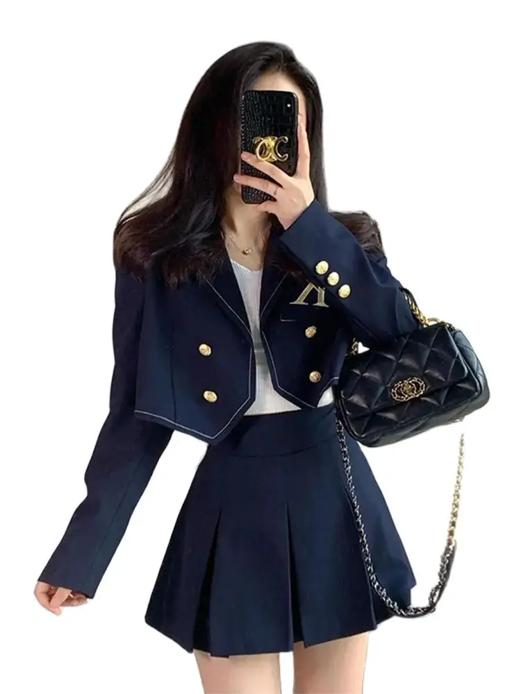 

Spring Autumn Fashion Women Short Blazers Jacket+High Waist A-LINE Mini Pleated Skirt Two-piece Suit Office Lady 2 Piece Set