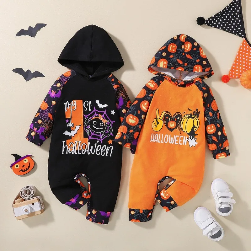 

Baby Costume Halloween Jumpsuit For Kids Boys Clothing Pumpkin Ghost Black Cat Print Newborn Hooded Sleepsuit Boys Wear