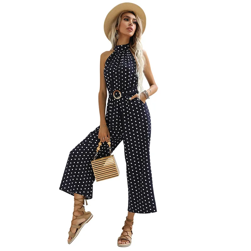 Dot Printed Women Fashion Jumpsuits with Free Belt Navy Blue Halter Sleeveless Causal Commute Playsuits New Loose Wide Leg Pants