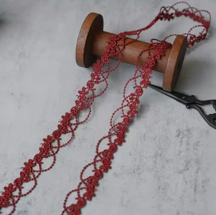Burgundy Embroidered Net Lace Fabric Trim Ribbons DIY Sewing Handmade Craft Materials 2 Meters