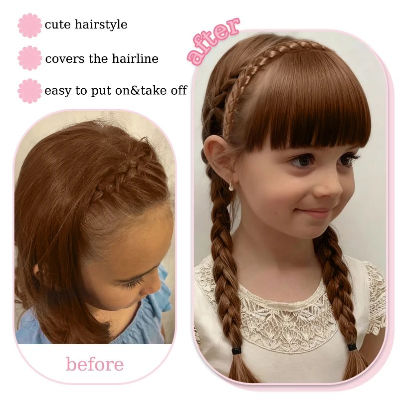 Synthetic Braided Headband with Hair Bangs Wig Blunt Bangs with Hairband Hairpiece for Girs Kids Daily Use Hair Accessories