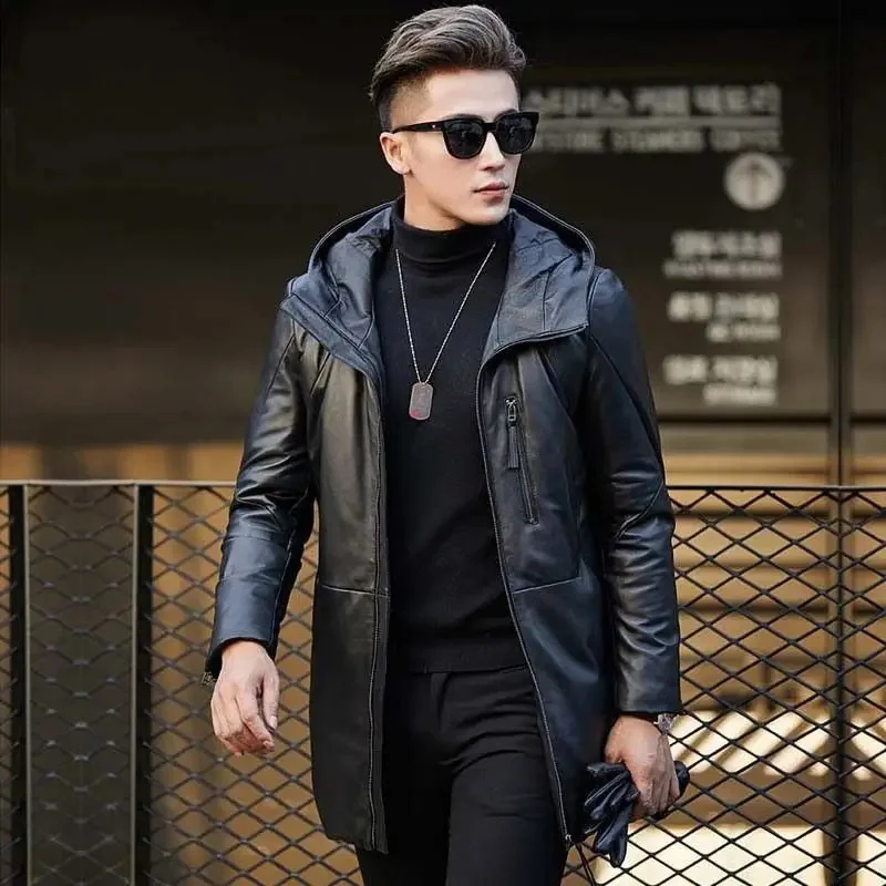 

Genuine Leather Coat Men Mid length Hooded Sheepskin Puffer Jacket Man Winter Detachable Access Control Down Male