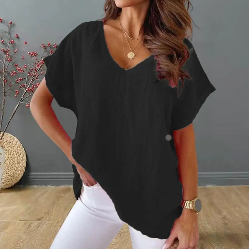 

Women Summer T-shirt Casual Solid Color Loose Short Sleeve V-neck Daily Wear Pullover Plus Size Batwing Sleeves Lady Top Female