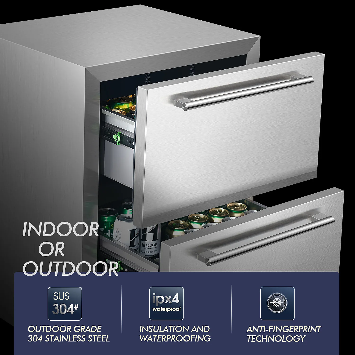 Wine Fridge Undercounter Built-in&Freestanding Drawer Cooler Stainless Steel Indoor&outdoor Beverage Cooler