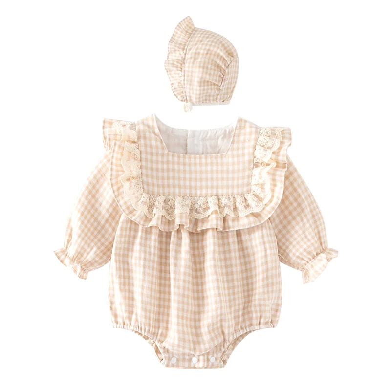 

Autumn Spring Newborn Baby Girls Bodysuits+Hat Long Sleeved Cotton Lattice Infant Baby Girls Jumpsuit 0-12M Children Clothes