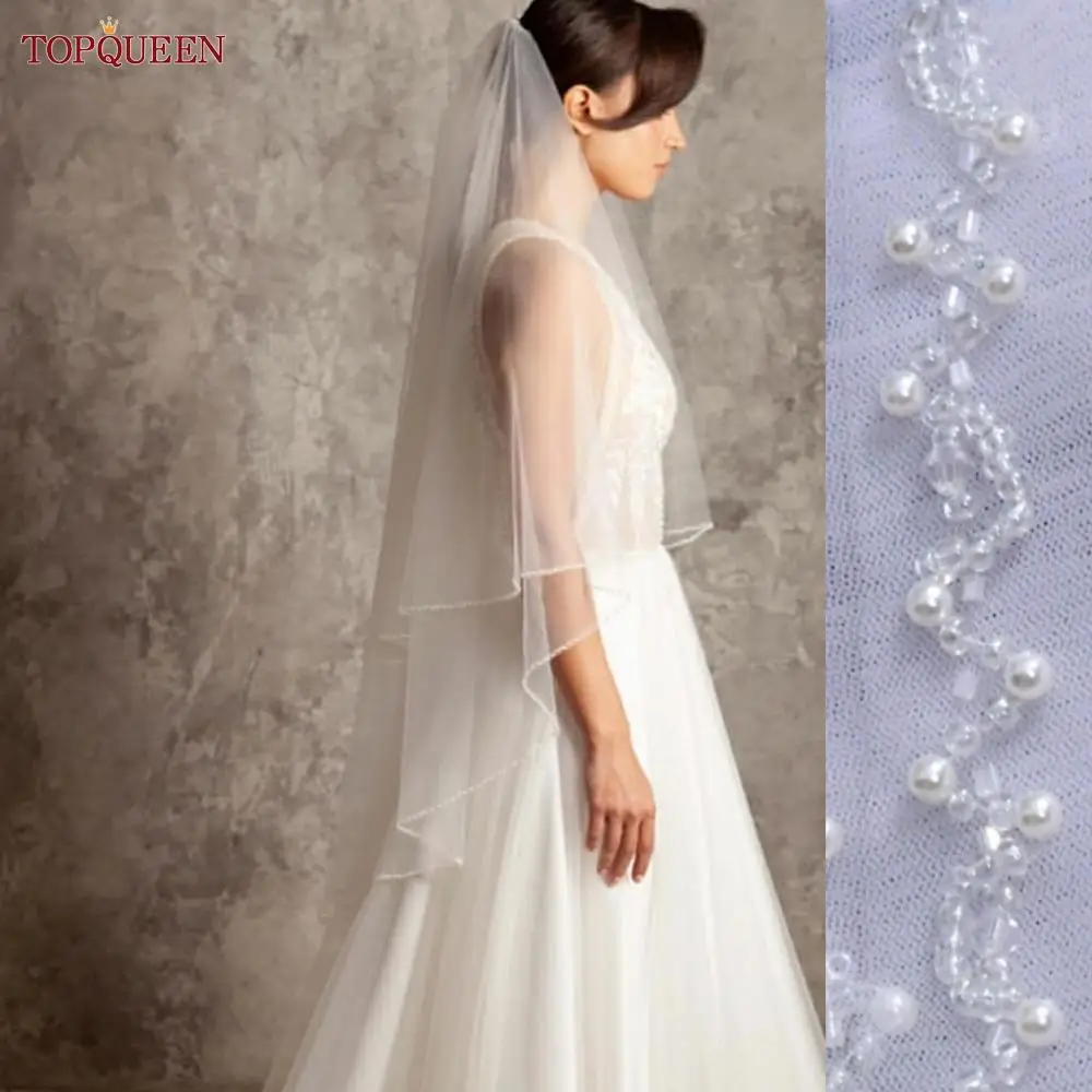 TOPQUEEN V121 Hochwertige Brautschleier Hochzeitskristall-Verzierung Zweistufiger Perlenbesetzter Fingerspitzen-Brautschleier mit Perlenrand Hochzeitsblumenstrauß – Detail 6