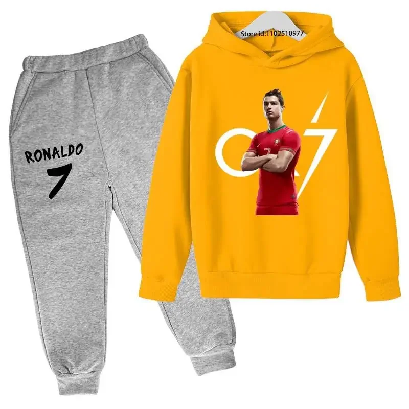 thumbnail image 1 of Conjunto de 2 piezas de sudadera con capucha y pantalones con estampado de ídolo de fútbol Cr7 para niños de 3 a 13 años, ropa informal para bebés, 1 of 5