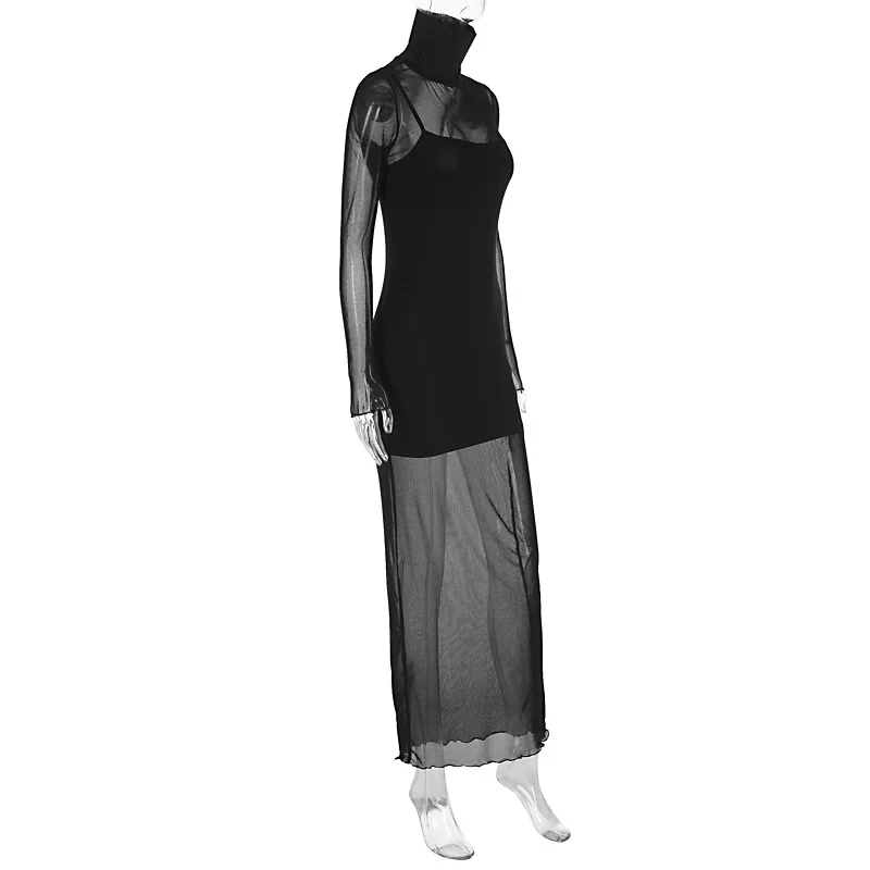Conjunto de dos piezas de malla para mujer, vestido mini transparente, ajustado, sexy, de moda, de manga larga, con retazos, otoño 2025