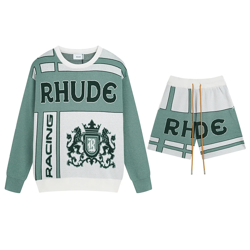 

23ss RHUDE Retro Shorts Green Yellow Red Cashew Flower Drawstring Wool Jacquard Sports Men's And Women's Shorts Breeches