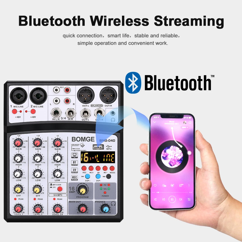 Audio Mixer 4 Channels Audio Sound Mixer Mixing DJ Console USB 48V Phantom Power 16 DSP Effects