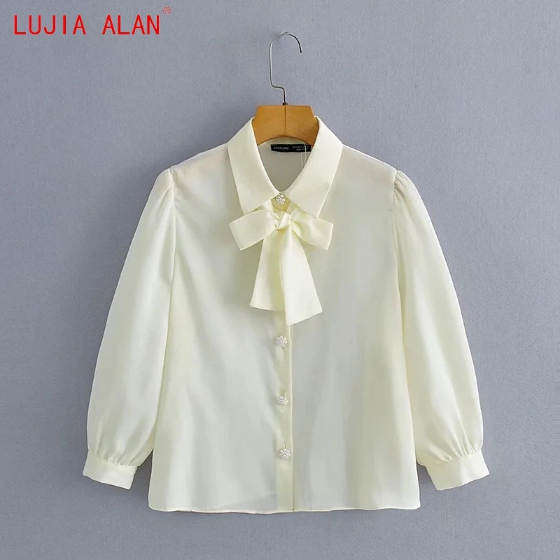 

Лидер продаж, женская рубашка на пуговицах с бантом, женская блузка с длинным рукавом, повседневные женские свободные топы, блузы S9326