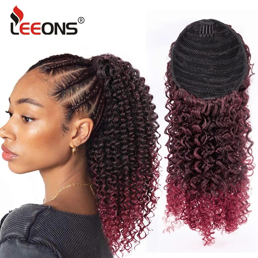 Drawstring Synthetic Afro Kinky Ponytail For Women Clip In Hair Extension Kinky Curly Ponytail Black Burgundy Hairpiece