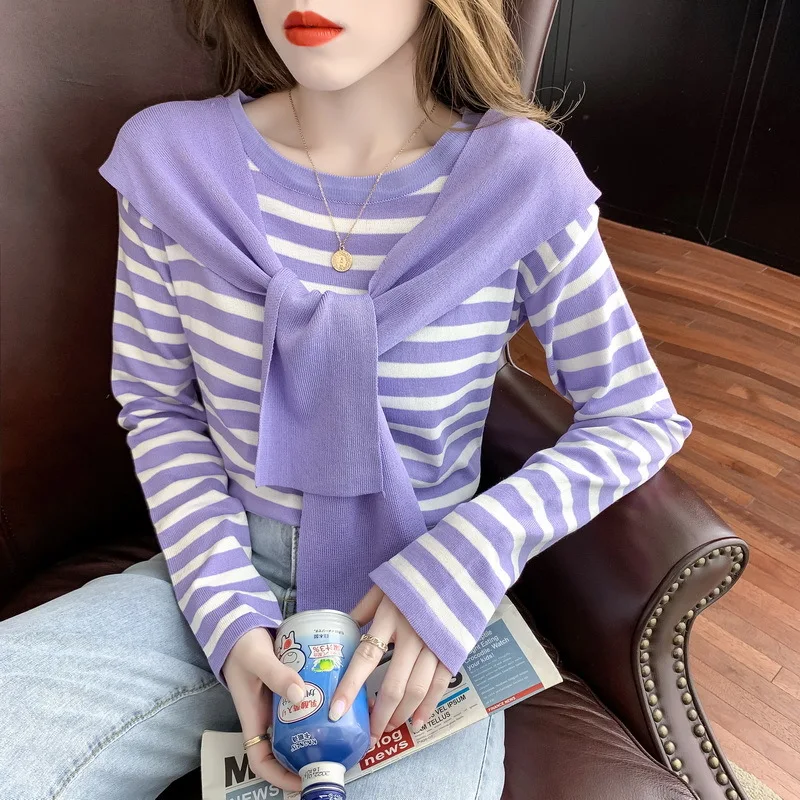 

Элегантные футболки с длинным рукавом, женская искусственная шаль в полоску, трикотажная одежда, 4 цвета, модная шаль с запахом