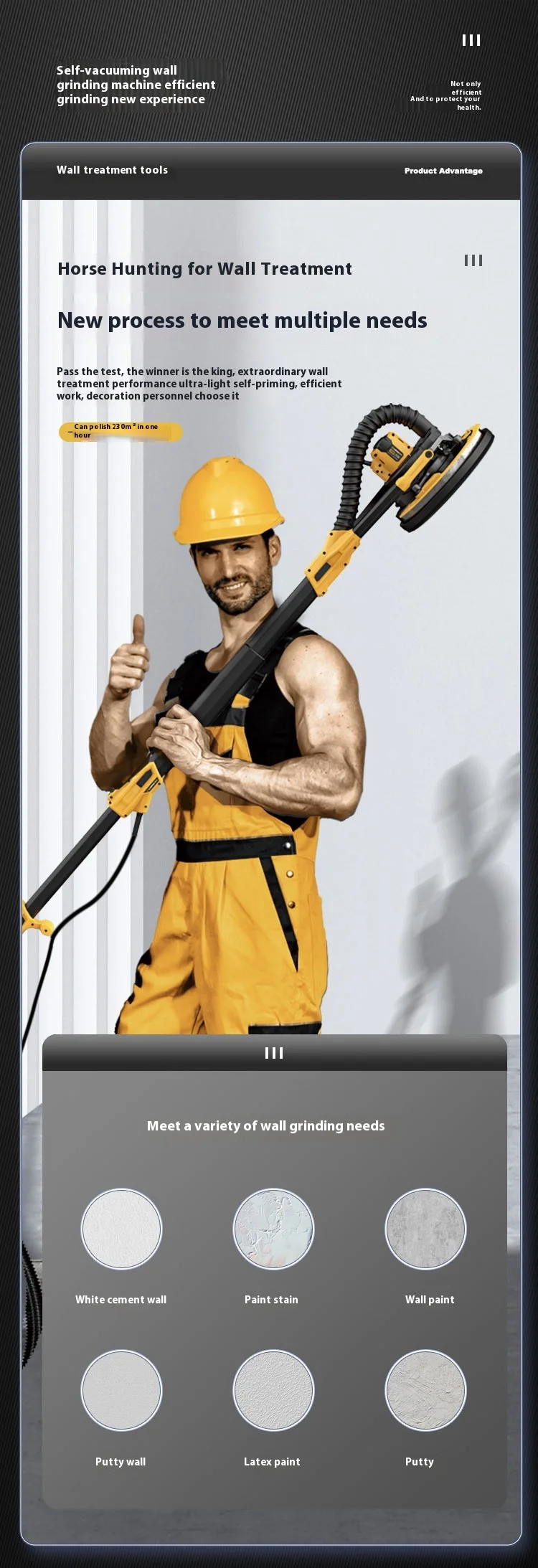 Brushless Electric Wall Polisher with Double Light Long Pole 220V Sandpaper Grin