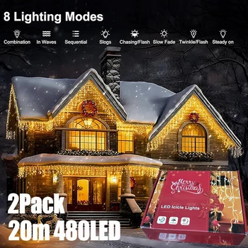 Pack 2 Guirnaldas Luces Navidad Carámbano 480 LED Impermeables Exterior - 20M+10M, 8 Modos, Enchufables Jardín y Fiesta