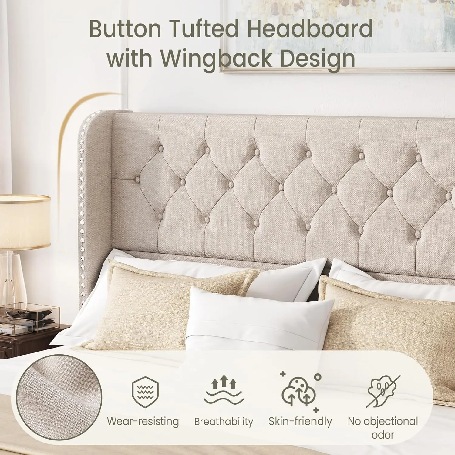 King Size Bed Frame with 4 Storage Drawers and Tufted Headboard Linen Upholstered Platform Bed Frame