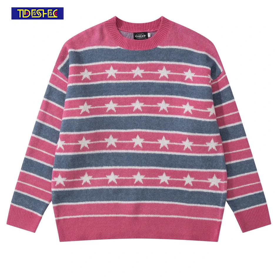 

Hip Hop Streetwear Y2K Knitwear for Man Women 2023 Fashion Casual Striped Sweater Pullover Couple Star Graphic Knitted Sweaters