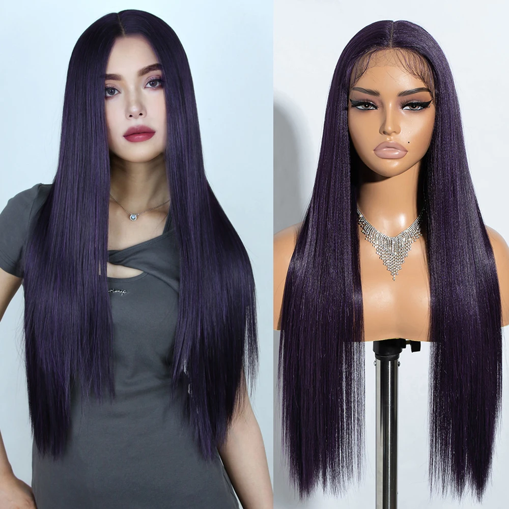 Synthetic Lace Front Wigs Long Straight Dark Purple Black Color Heat Resistant Cosplay Wigs for Women