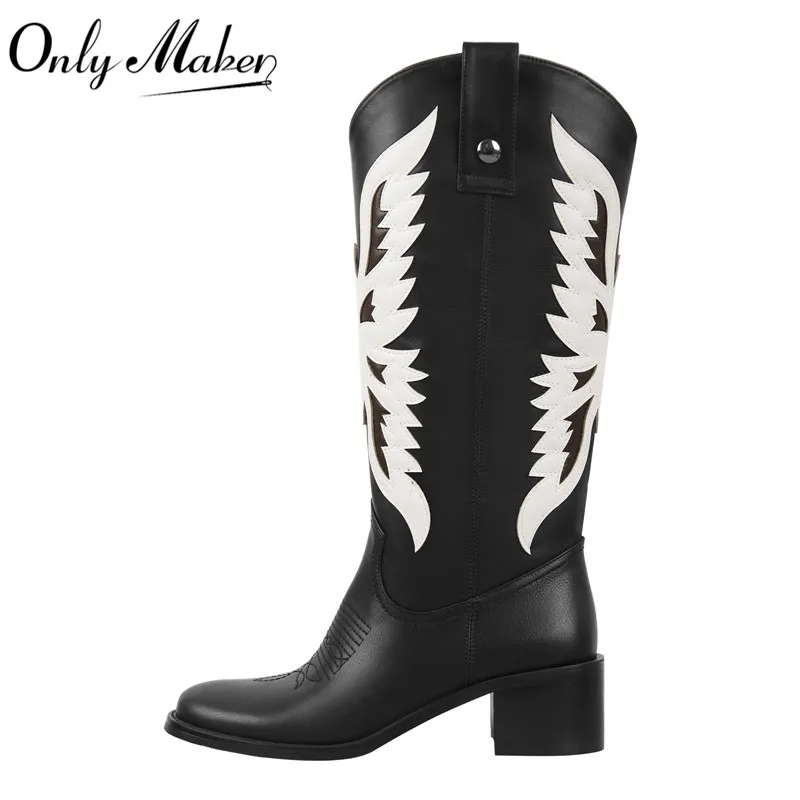 Onlymaker Western Cowboy Boots Knee High Boots Wide Calf Women Pointed Toe Block Heel Pull On