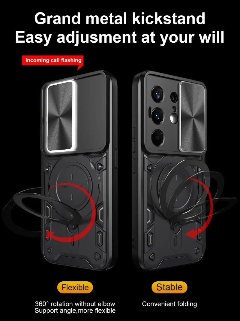 Tecno Camon Heavy Duty Shockproof Armor Case with Magnetic Ring Holder and Slide Lens Protection Cover