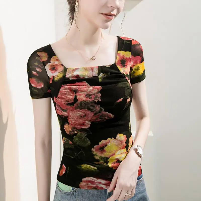 

HIgh Quality 2024 Women Tops Wrinkle Splice Design Spring Summer T-shirt Female Clothing Sexy Crop Top Clothes Casual Blouse Y2k