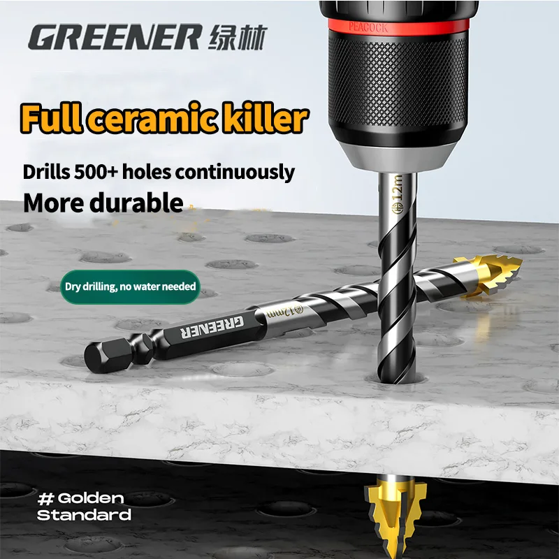 GREENERY 6-12mm 4면 톱니형 편심 드릴 비트 타일 유리 세라믹 콘크리트 대리석 금속 건식 드릴링용 초강력 드릴 비트
