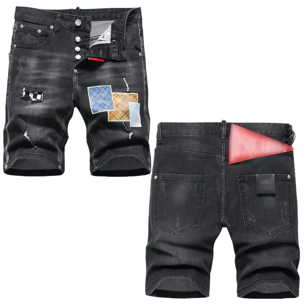 Denim shorts Men's summer thin quarter pants men's ripped fashion  stretch mid-length
