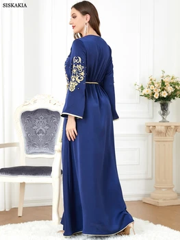 Elegant Casual Floral Embroidery Beaded Long Sleeve Muslim Dresses Party Belted Kaftan Modest Clothing Women
