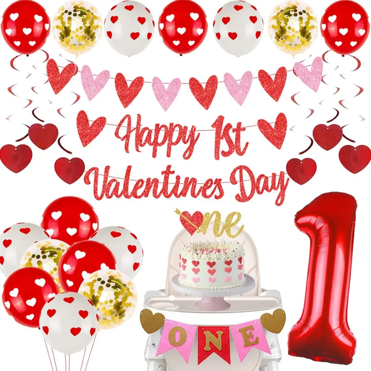 

Valentine Day 1st Birthday Party Decoration Kit with Highchair One Banner Cake Topper Number 1 Foil Balloon Heart Hanging Swirls