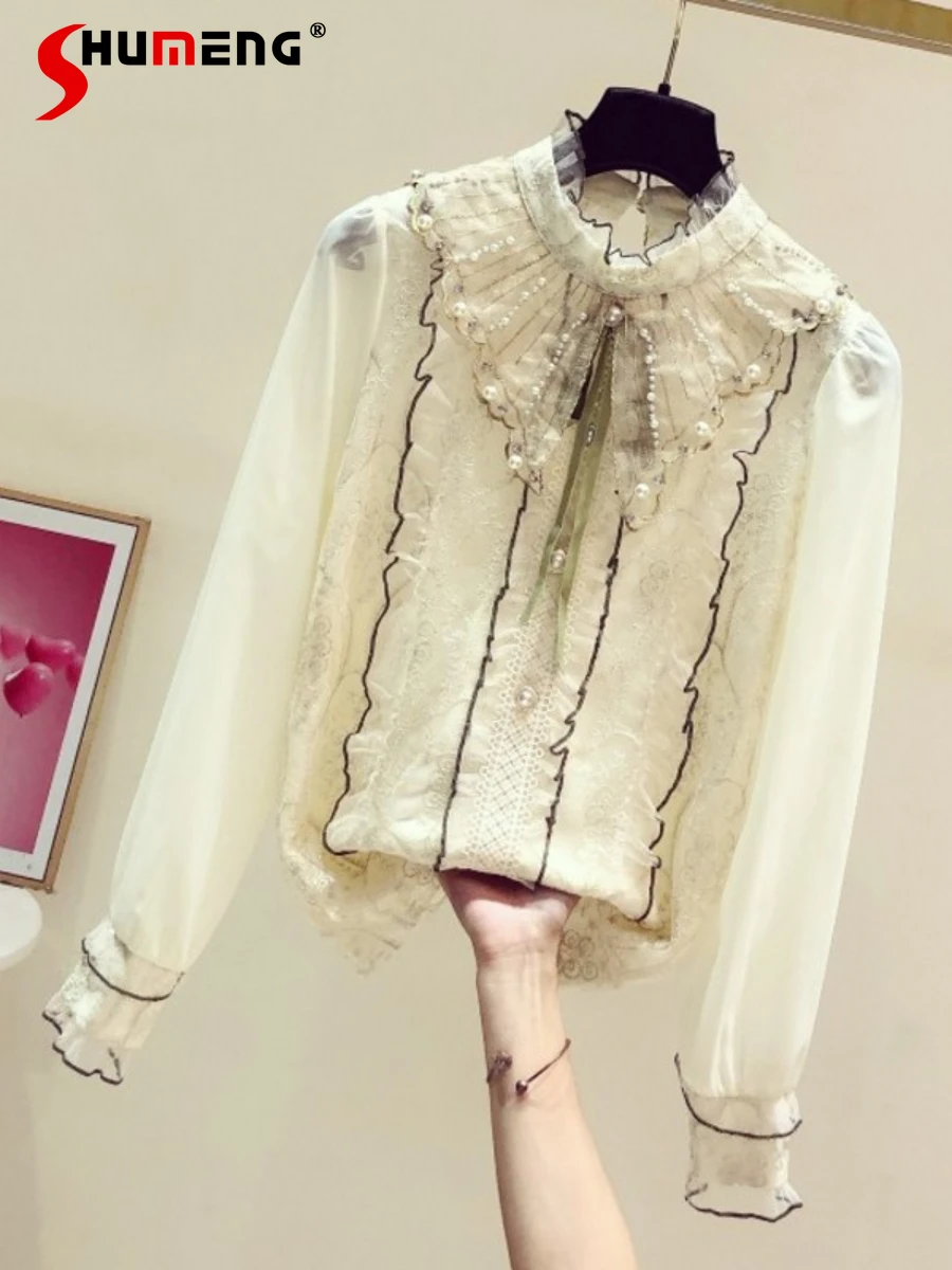 Fashion Beaded Stand Collar Long-Sleeve Shirt Female 2024 Spring New Solid Color Shirts Bow Lace Trendy Tops Women's Clothes