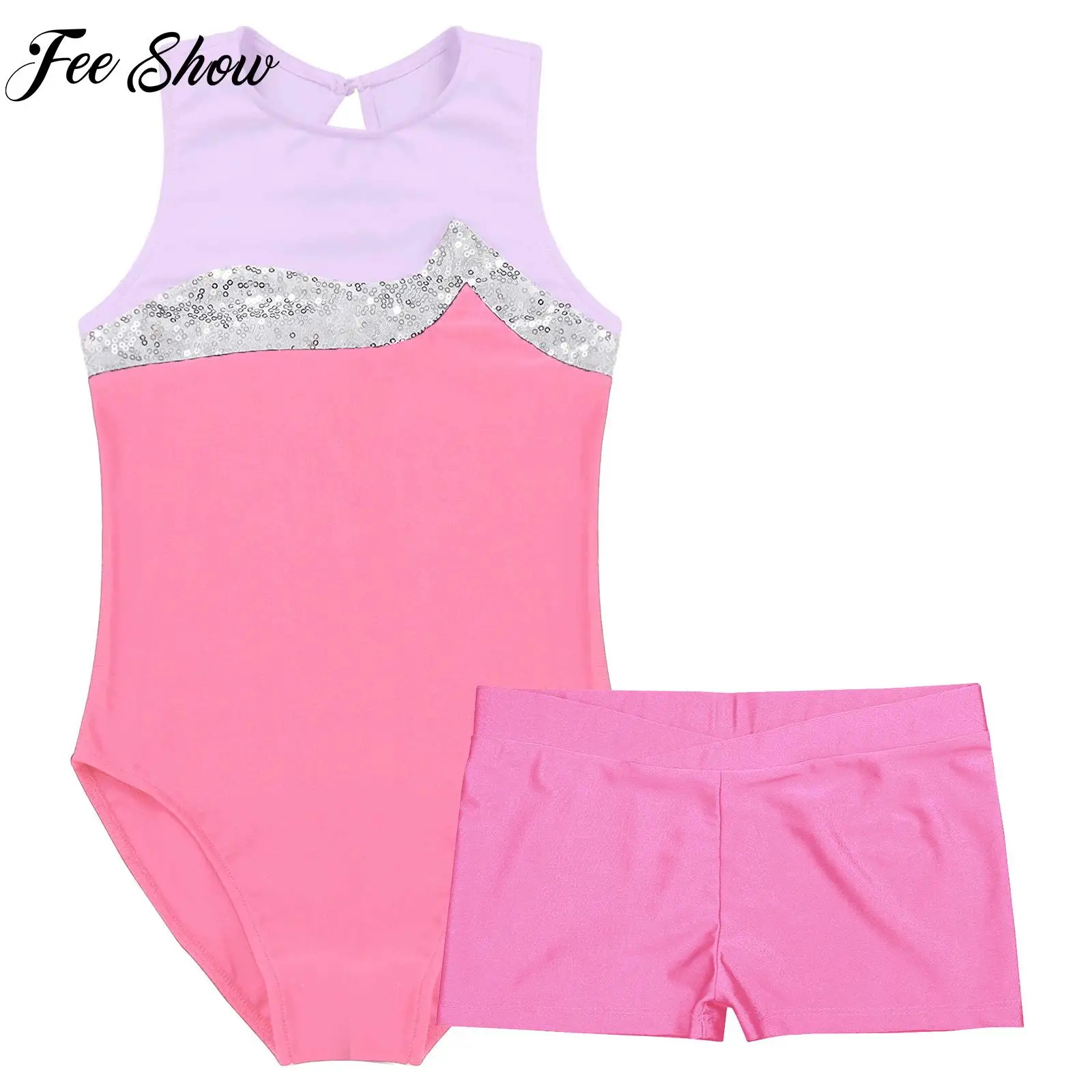 

Балетное трико для девочек, спортивные наряды, трико без рукавов с блестящими блестками, боди для гимнастики, танцев, тренировок, танцевальная одежда с шортами
