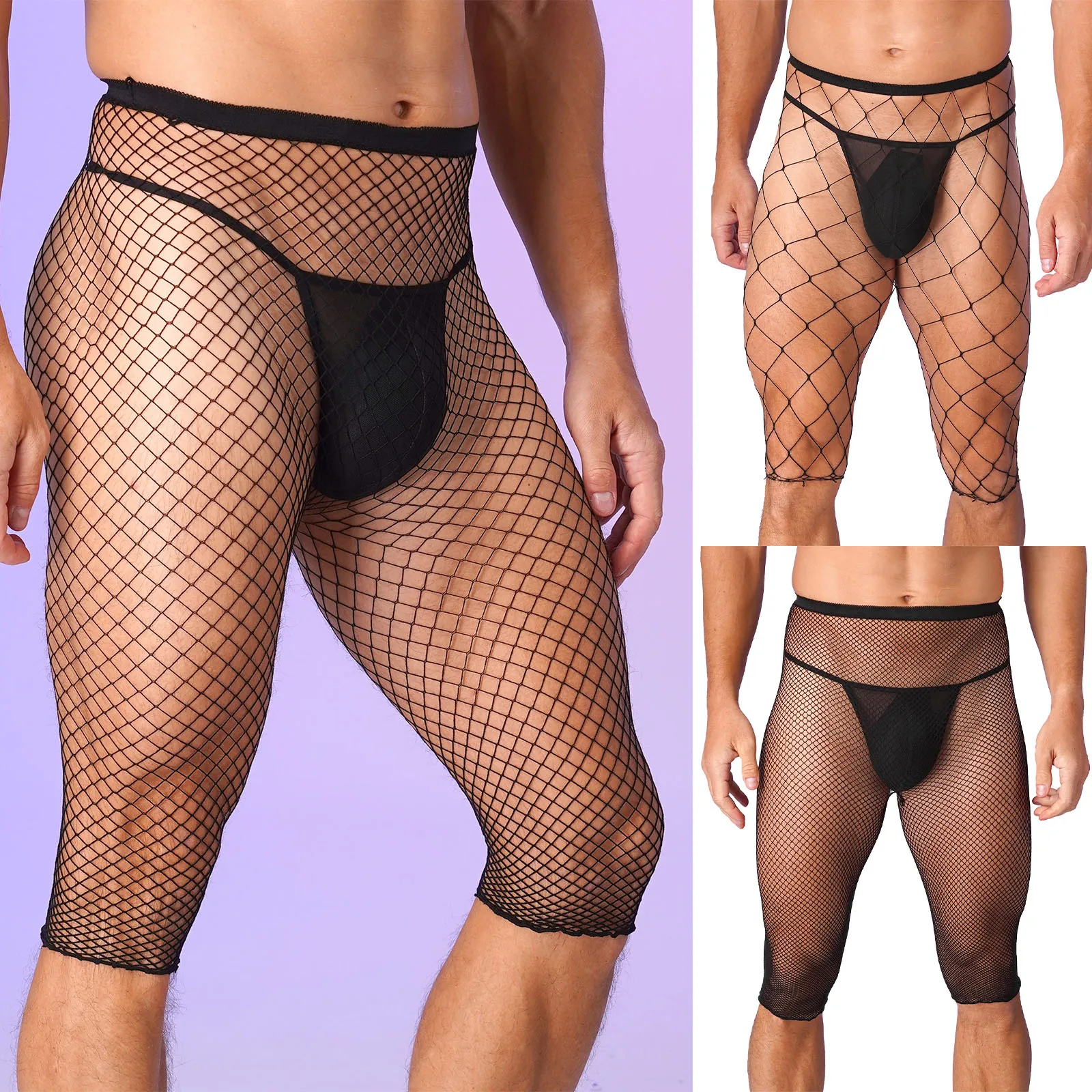 Mens Fishnet Mesh Shorts See Through High Waisted Knee Length High Stretchy Legging Half Pants Pool Party Nightclub