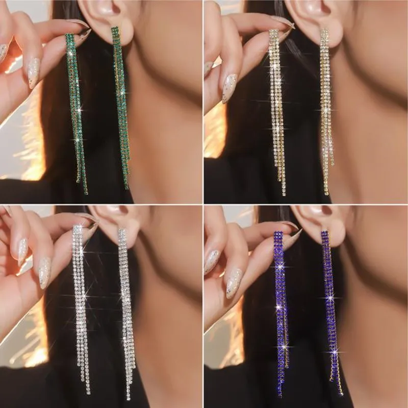 Fashion Long Tassel Rhinestone Drop Earrings for Women Green Blue Gold Silver Color Crystal Dangle Earring Party Wedding Jewelry dangle earrings drop earrings long earrings crystal tassel earrings crystal earrings