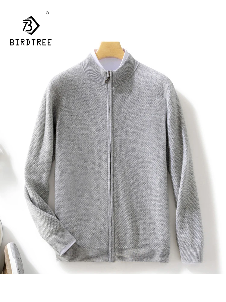 

BirdTree 100%Pure Wool Thickened Sweater,Men Half High Neck Zippered , Versatile Casual Bottom Cardigan, 2024 Spring T41017QC