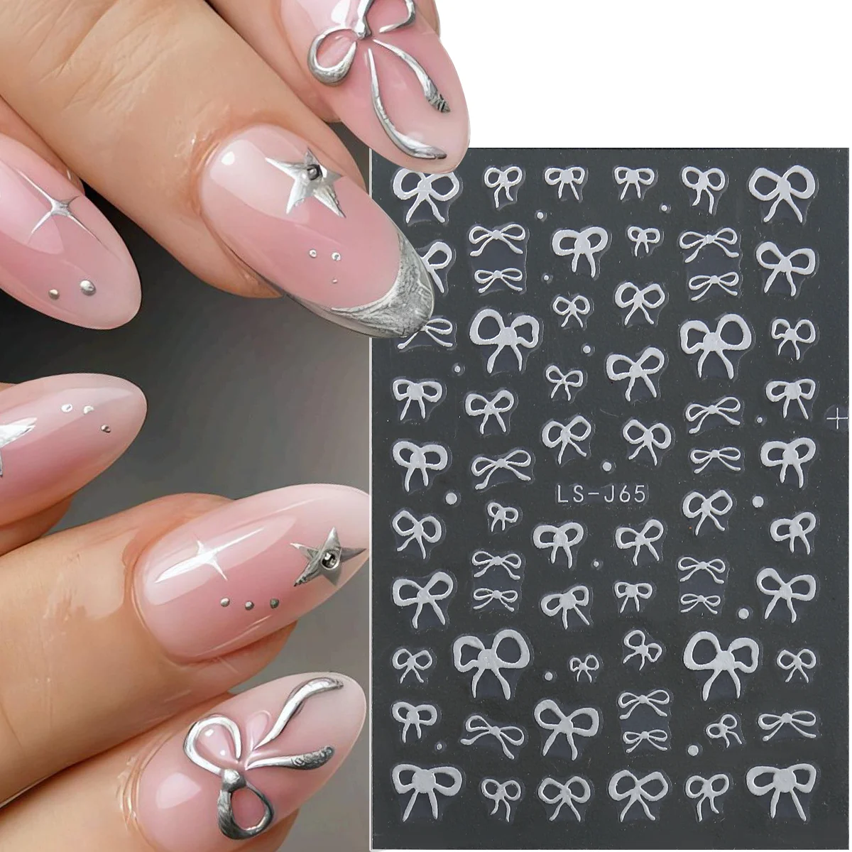 3D Nail Ribbons Decors Silver Bows Nail Art Sticker Cute Silk Bowknot Nail Decals Y2K Styles Kawaii Manicure Accessories LS-J65 1pc scottish plaid nail art sticker plaid bowtie image nail adhesive decals 3d nail sticker designer 10x8cm manicure tips