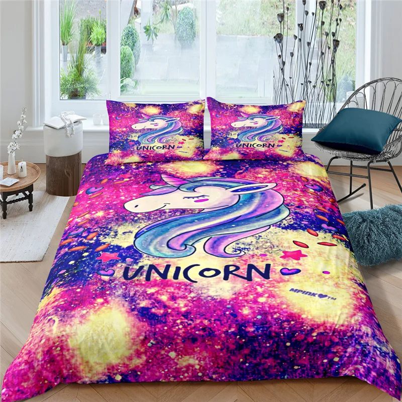 

Luxury 3D Cartoon Color Unicorn Print 2/3Pcs Kid Bedding Set Comfortable Duvet Cover Pillowcase Home Textile Queen and King Size