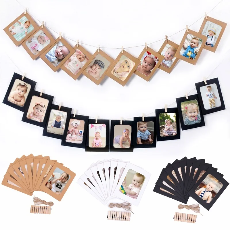 10 Pcs Combination Paper Frame with Clips DIY Kraft Paper Picture Frame Hanging Wall Photos Album Rope Home Decoration Craft