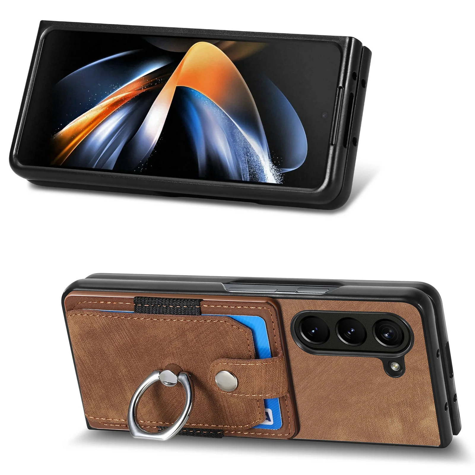 Retro Artificial Leather Wallet Phone Case with Ring Holder for Samsung Galaxy Z Fold 7 6 5 4 3 Fold7 Fold6 5G Card Slot Cover | Gaffar India