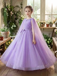 Elegant Purple Tween Girl's Formal Gown with Flowing Veil and Bow Decoration - 10Y (PURPLE)
