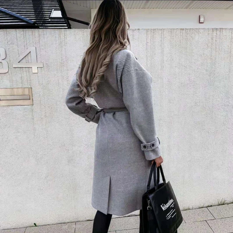 2024 Autumn and Winter Products Fashion Solid Color Lapel Slim Woolen Temperament Long Coat Women's Lace Up Woolen Coat Women
