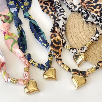 Gold Plated Heart Longhorn Pendant Bandana Style Necklace for Women Girls Vintage Leopard and Flower printed Scarf Necklace