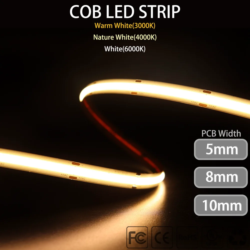 COB CCT LED Strips Lights Ultrathin 5mm/8mm/10mm 3 Wires 2700-6500K  Dimmable Bicolor LED COB Strip Decor Lighting RA90 dc12V/24V