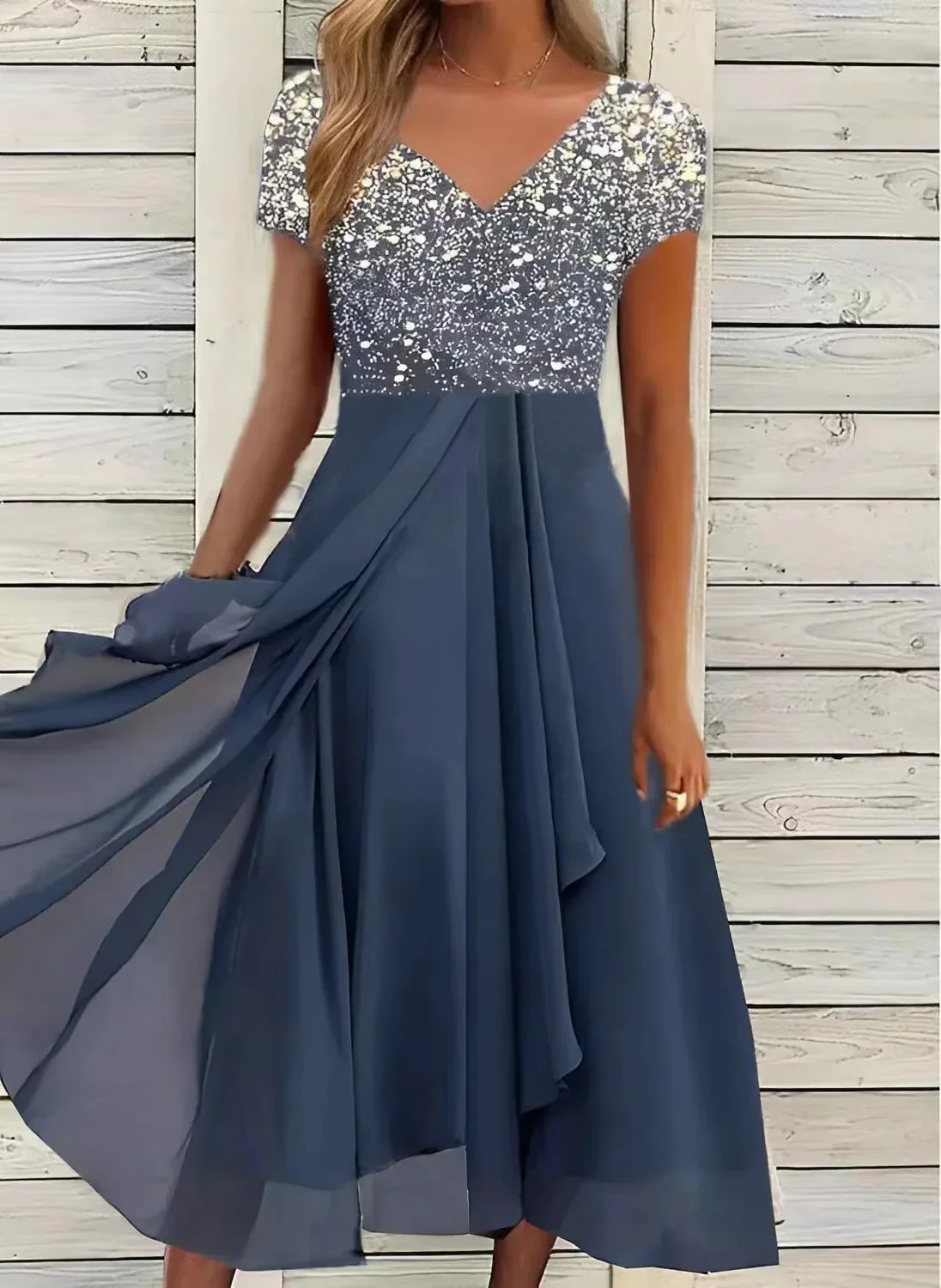 Fashionable casual chiffon women’s dress with short sleeves and V-neck, knee-length summer style – CyberStreetOne