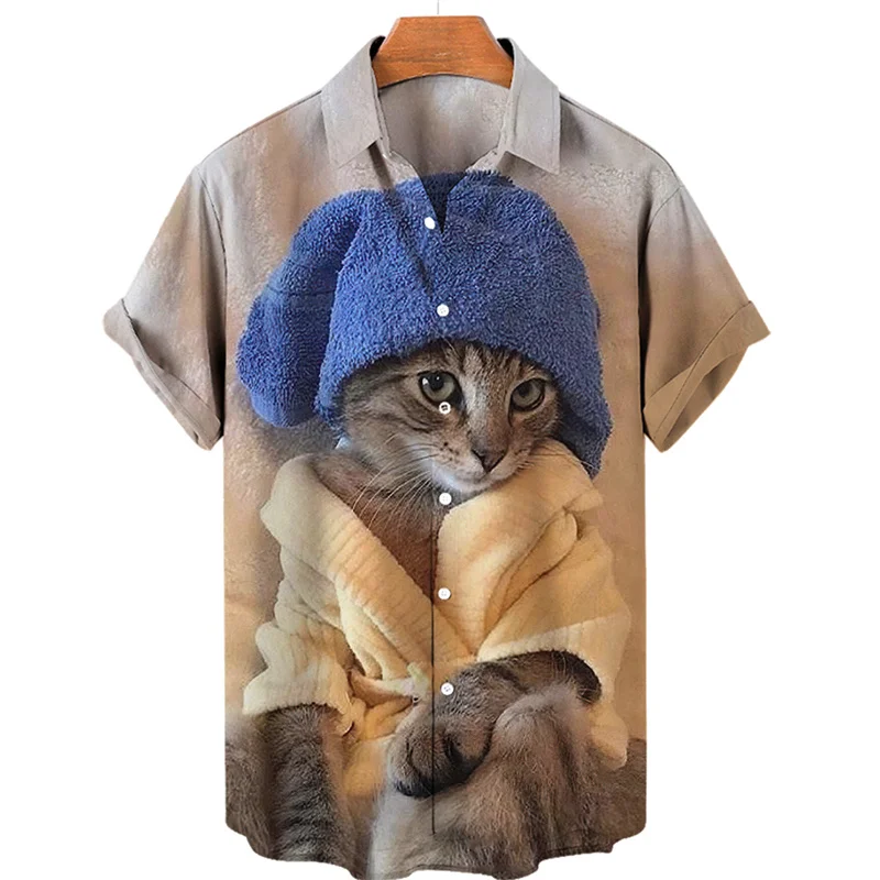 thumbnail image 1 of Camisa hawaiana con estampado 3D completo de gato para hombre, camisetas casuales de manga corta con botones para verano, camisas para hombre, 1 of 5